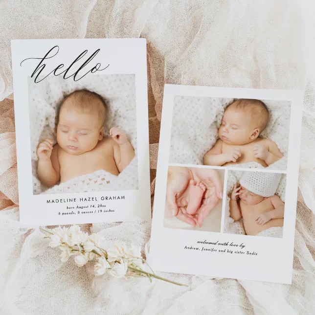 Simple Modern Calligraphy Hello Baby Photo Birth Announcement | Zazzle