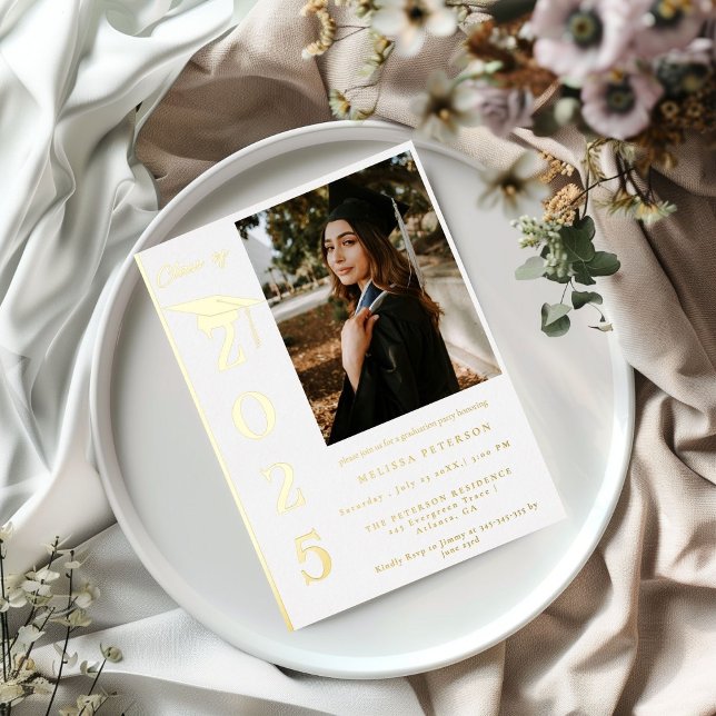 Simple Modern Calligraphy Photo Graduation Foil Invitation (Creator Uploaded)