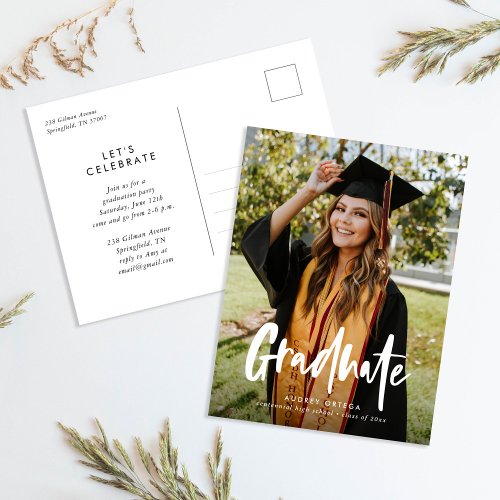 Simple Modern Calligraphy Photo Graduation Invitation Postcard