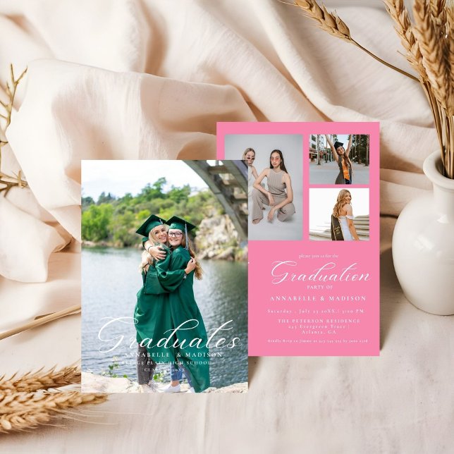 Simple Modern Calligraphy Photo Pink Graduation Invitation (Creator Uploaded)
