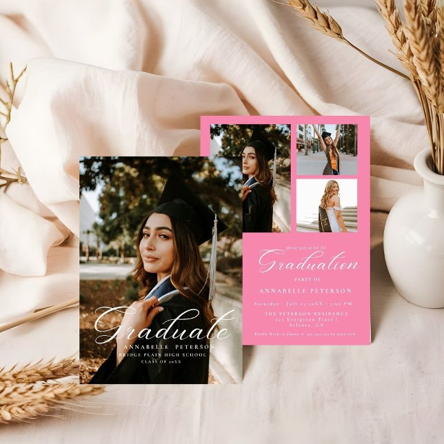 Simple Modern Calligraphy Photo Pink Graduation  Invitation (Creator Uploaded)