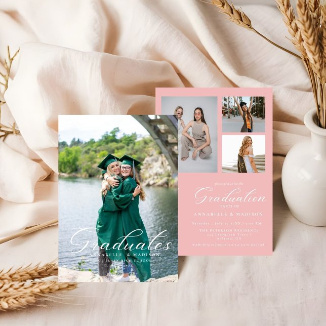 Simple Modern Calligraphy Photo Pink Graduation Invitation (Creator Uploaded)