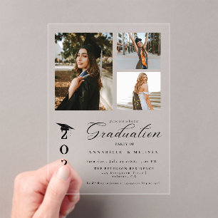 Simple Modern Calligraphy Photo Twin Graduation Acrylic Invitations