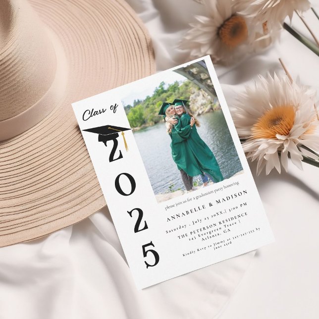 Simple Modern Calligraphy Photo Twin Graduation Invitation (Creator Uploaded)