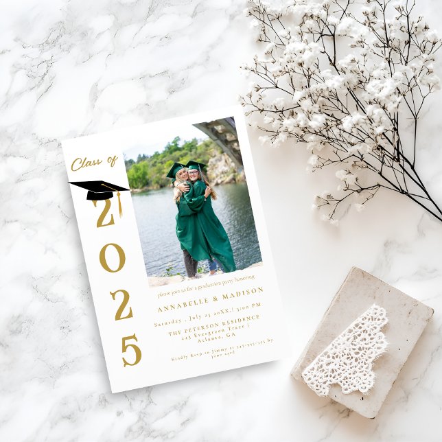Simple Modern Calligraphy Photo Twin Graduation Invitation (Creator Uploaded)