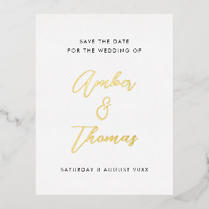 Simple Modern Calligraphy Save the Date Real Gold  Foil Invitation Postcard