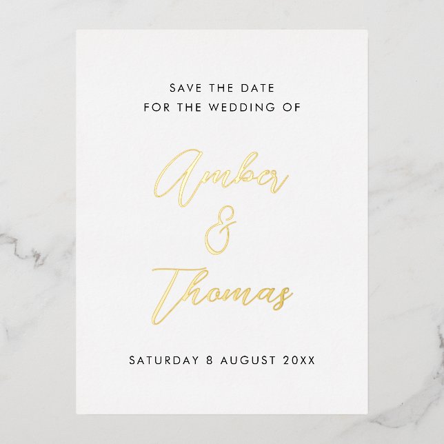 Simple Modern Calligraphy Save the Date Real Gold  Foil Invitation Postcard (Front)