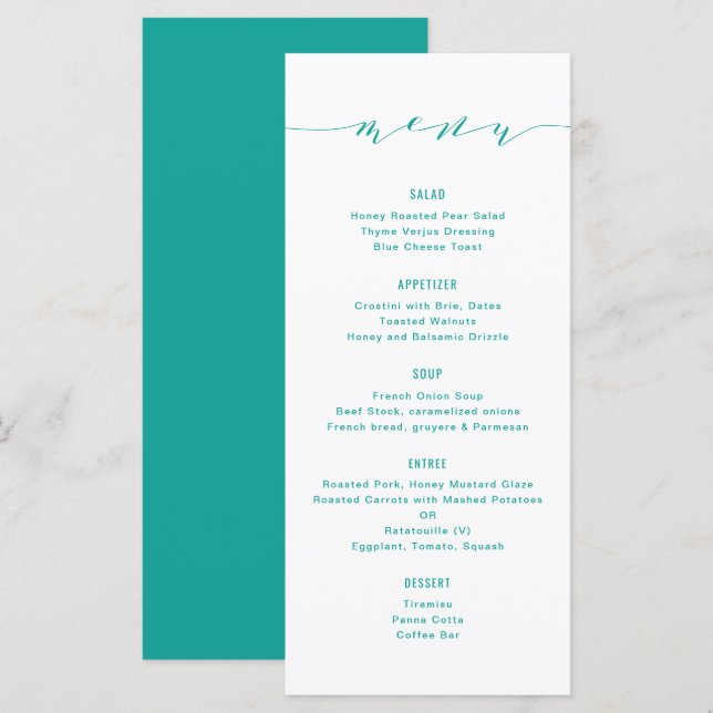 Simple Modern Calligraphy Turquoise Menu (Front/Back)