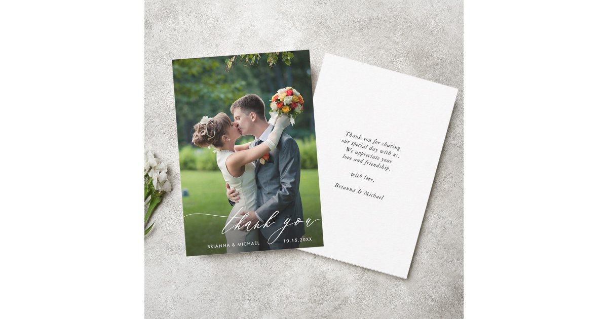 Simple Modern Calligraphy Wedding Photo Thank You Card | Zazzle
