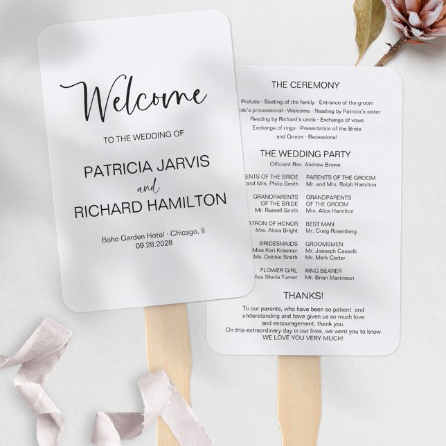 Simple Modern Calligraphy Wedding Program Hand Fan (Creator Uploaded)
