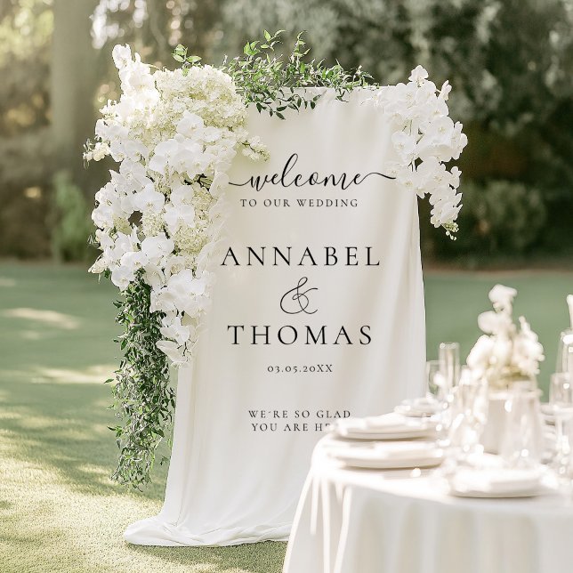 Simple Modern Calligraphy "Welcome"  Wedding Banner (Modern, Minimal, White, Script Font, Wedding "Welcome" Banner with your Name & Date.)