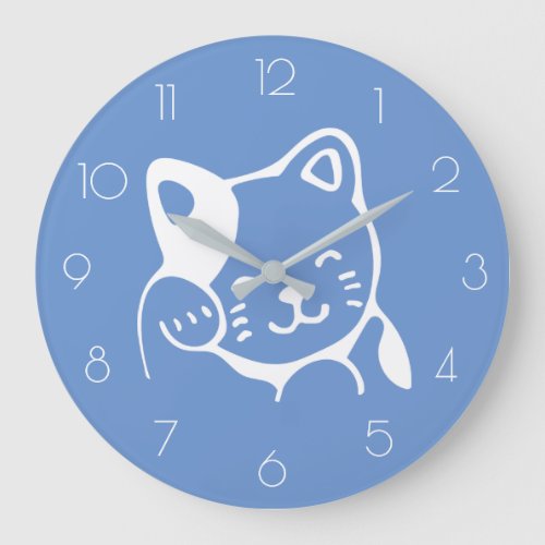 Simple Modern Cat Minimalist Blue Large Clock