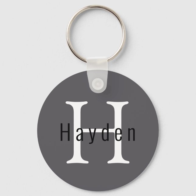 Simple Modern Charcoal Monogram Name + Initial Keychain (Front)