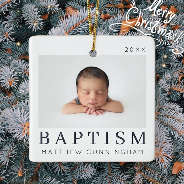 Simple Modern Chic Custom Baptism Baby Photo Ceramic Ornament (Creator Uploaded)