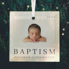 Simple Modern Chic Custom Baptism Baby Photo Glass Ornament at Zazzle