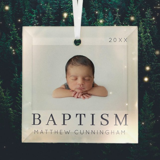 Simple Modern Chic Custom Baptism Baby Photo Glass Ornament (Creator Uploaded)