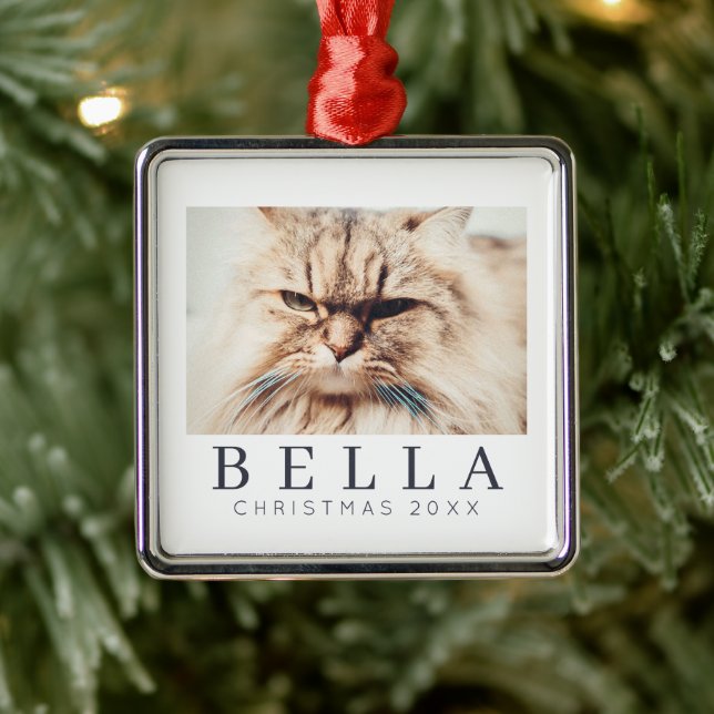 Simple Modern Chic Custom Family Pet Photo Holiday Metal Ornament (Tree)