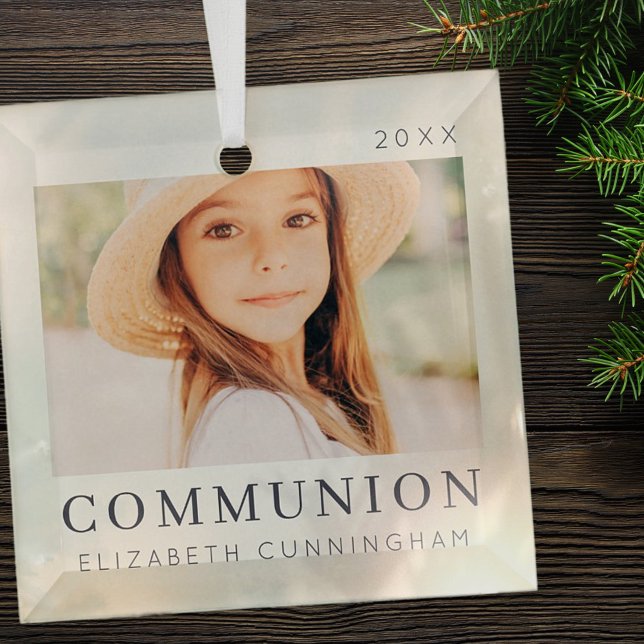Simple Modern Chic Custom First Communion Photo Glass Ornament (Creator Uploaded)