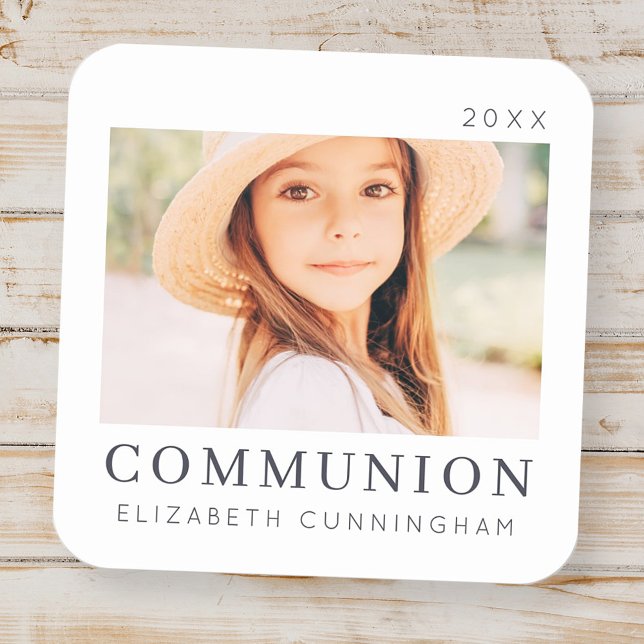 Simple Modern Chic Custom First Communion Photo Square Sticker (Creator Uploaded)