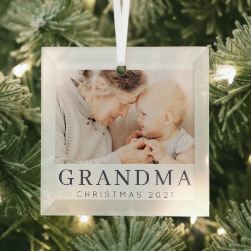 Simple Modern Chic Custom Grandma Photo Holiday Glass Ornament