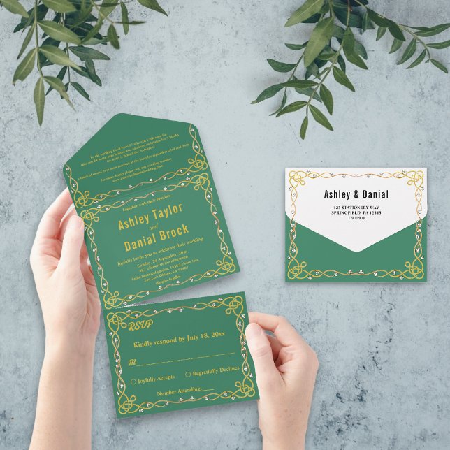 Simple Modern Chic Frame Green Gold Formal Wedding All In One Invitation (Creator Uploaded)
