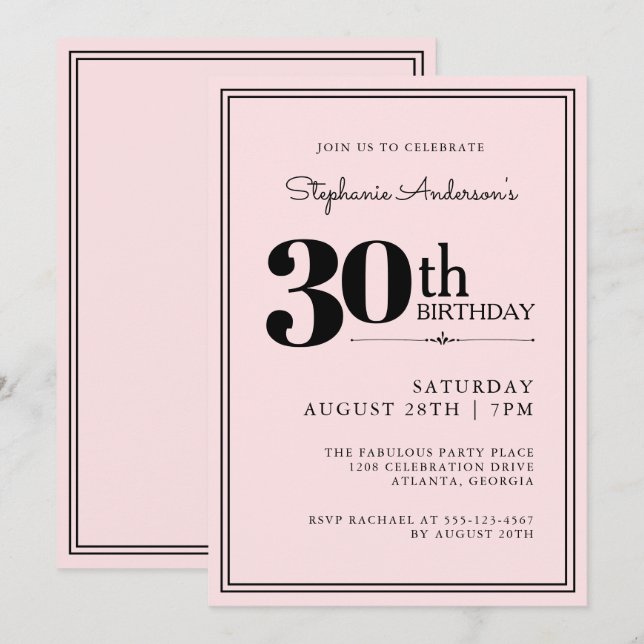 Simple Modern Chic Pink and Black 30th Birthday Invitation (Front/Back)