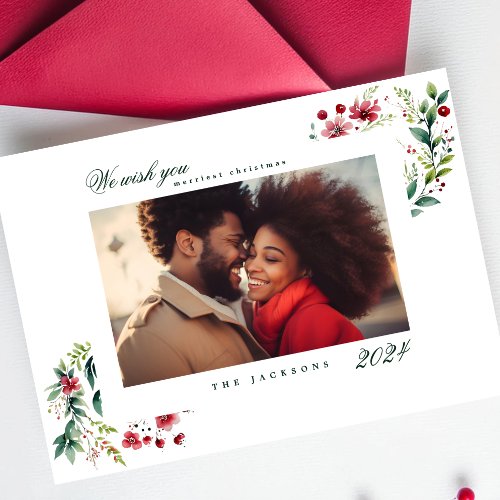 Simple Modern Christmas Cherry White Red Photo Holiday Card