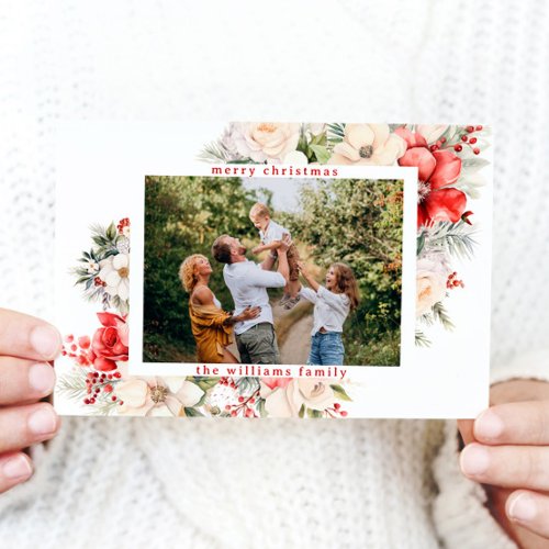 Simple Modern Christmas Flowers Greeting Photo  Holiday Card