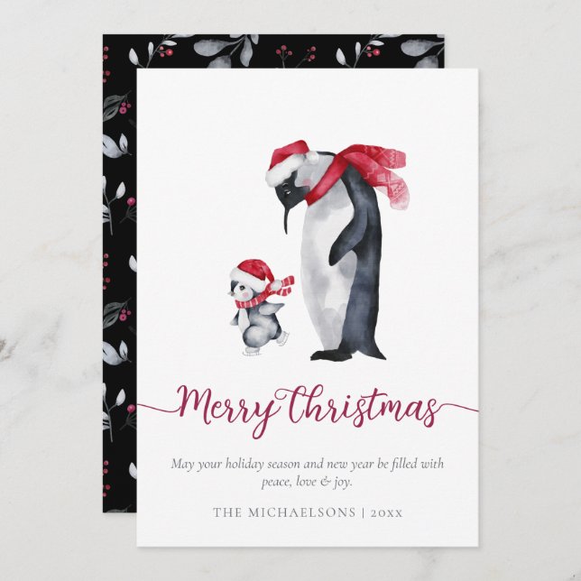 Simple Modern Christmas Penguin Botanical Holiday Card (Front/Back)