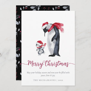 Simple Modern Christmas Penguin Botanical Holiday Card