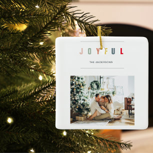 Simple Modern Christmas Photo   Joyful Holiday Ceramic Ornament