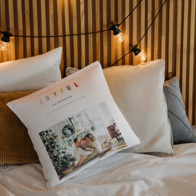Simple Modern Christmas Photo | Joyful Holiday Throw Pillow (Creator Uploaded)