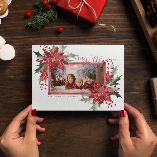 Simple Modern Christmas Photo Poinsettia Holiday Card
