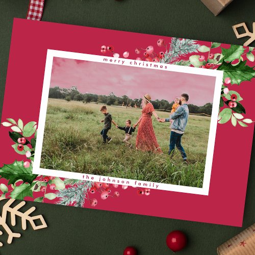 Simple Modern Christmas RED Magenta Photo Holiday Card
