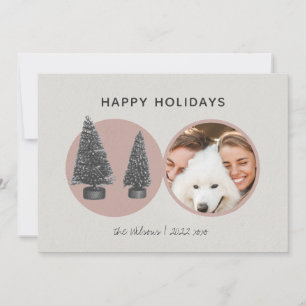 Simple Modern Christmas Trees Pink Circle Photo Holiday Card
