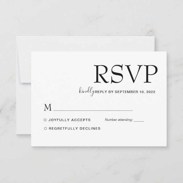 Simple Modern Classic Black and White Wedding RSVP Card (Front)