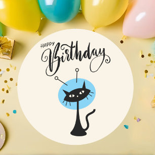 Simple Modern Classic Cute Black Cat Birthday  Round Sticker