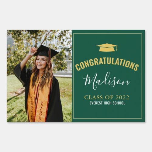 Simple Modern Classic Green Gold Photo Graduation Sign