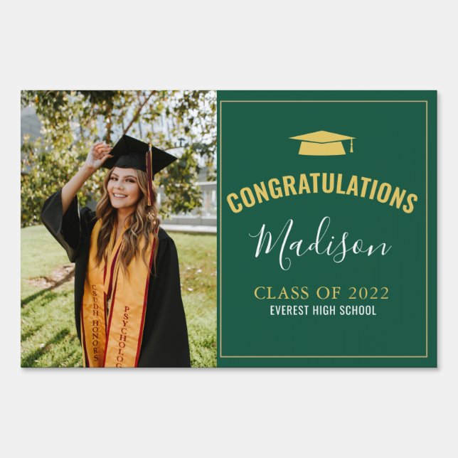 Simple Modern Classic Green Gold Photo Graduation Sign (Front)