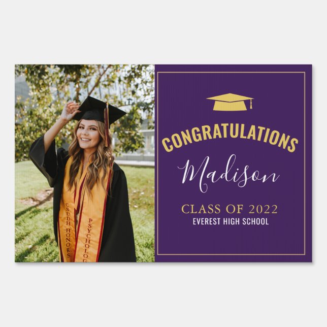 Simple Modern Classic Purple Photo Graduation Sign (Front)