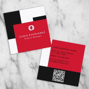 Simple Modern Color Block Red White and Black Square Business Card