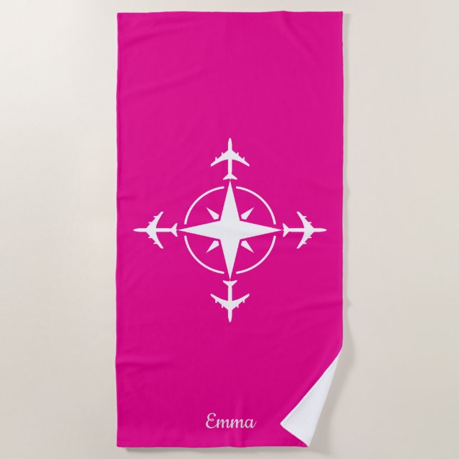Simple Modern Compass and Airplane, Travel Custom Beach Towel (Front)