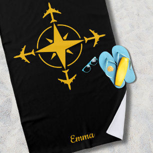 Simple Modern Compass and Airplane, Travel Custom Beach Towel