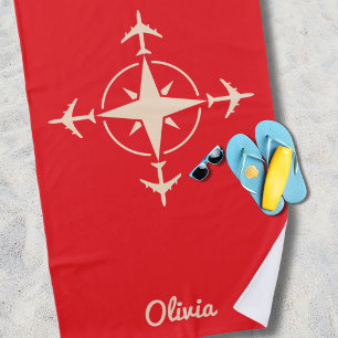 Simple Modern Compass and Airplane Travel Custom Beach Towel