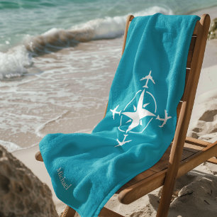 Simple Modern Compass and Airplane, Travel Custom Beach Towel