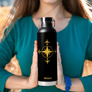 Simple Modern Compass and Airplane, Travel Custom Water Bottle