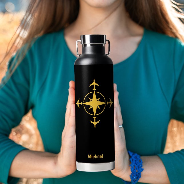 Simple Modern Compass and Airplane, Travel Custom Water Bottle (Creator Uploaded)