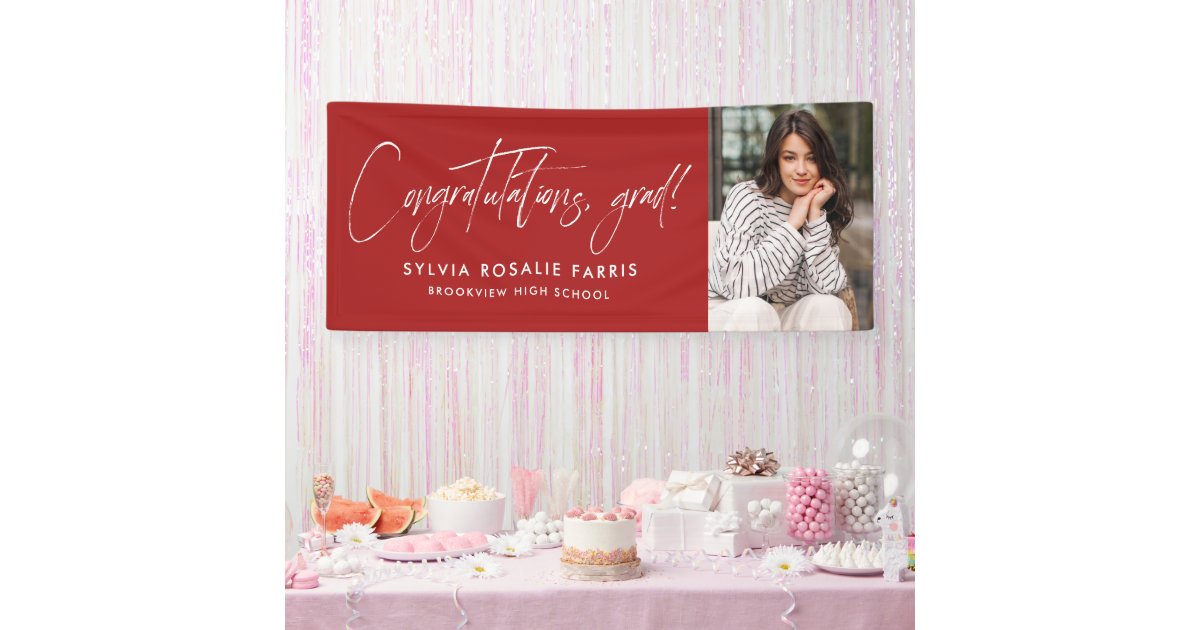 Simple modern congrats one photo red graduation banner | Zazzle