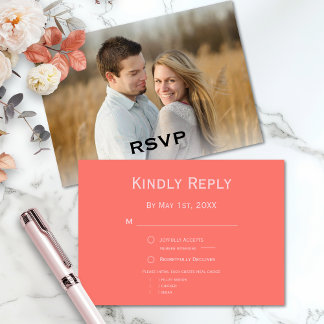 Simple Modern Coral and Pink Photo Wedding RSVP Card