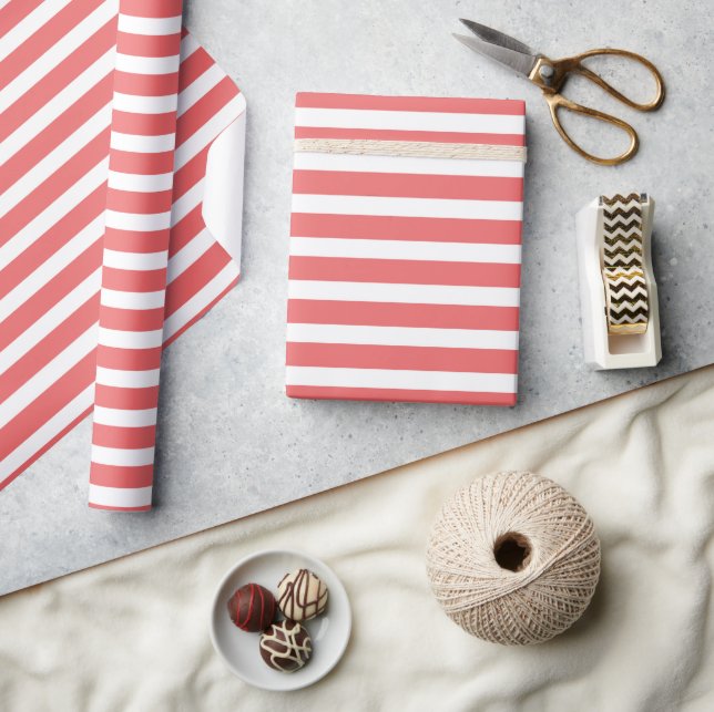 Simple Modern Coral White Striped Minimalist Wrapping Paper (Crafts)